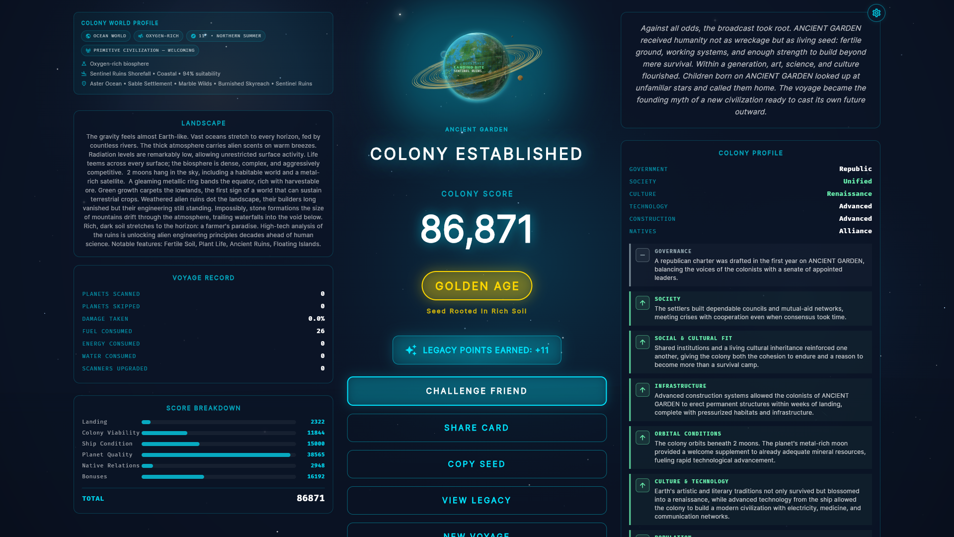 Desktop colony outcome with Share Card controls