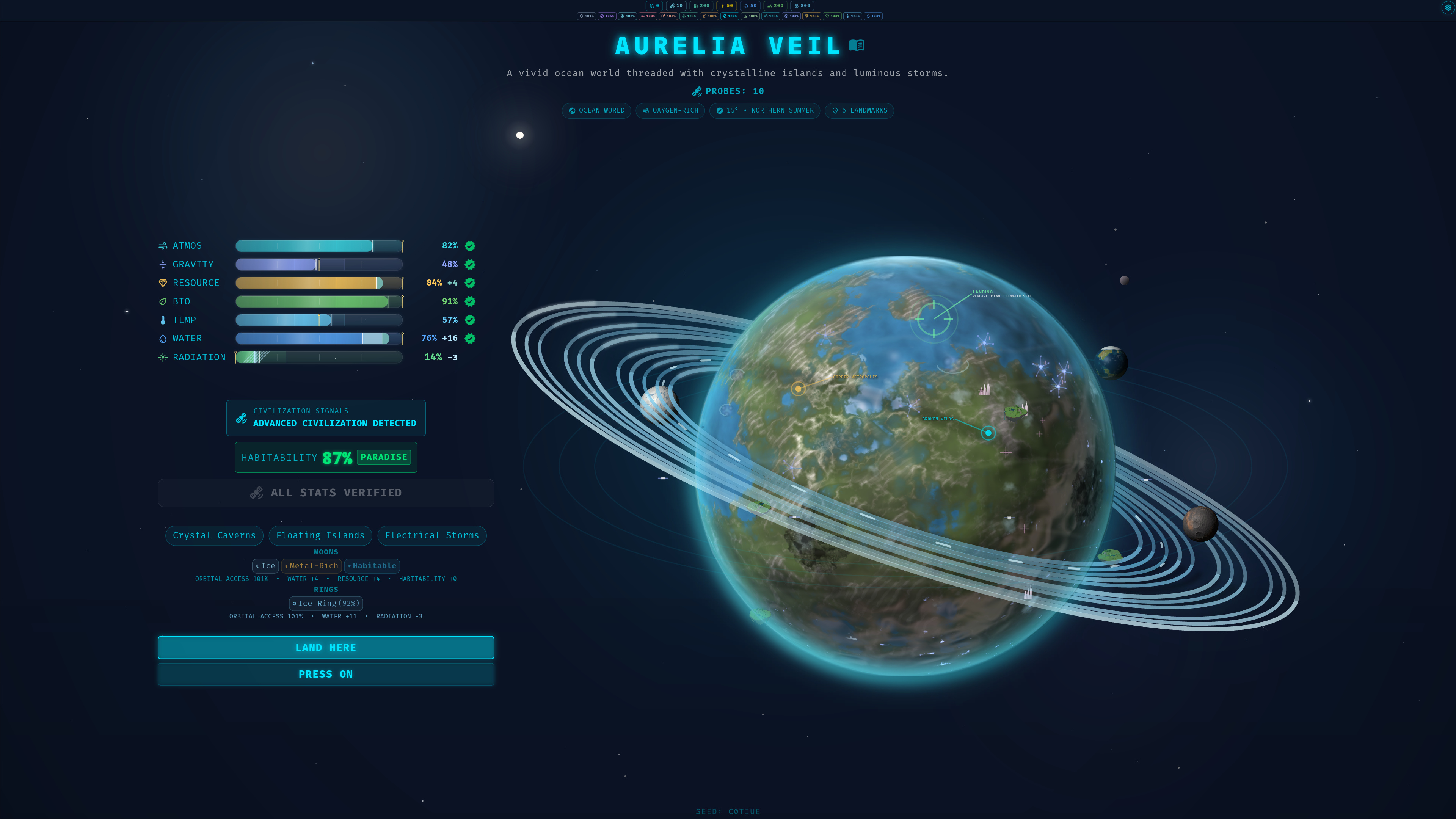 Scanning a procedural planet with rings, detailed moons, and planetary readings