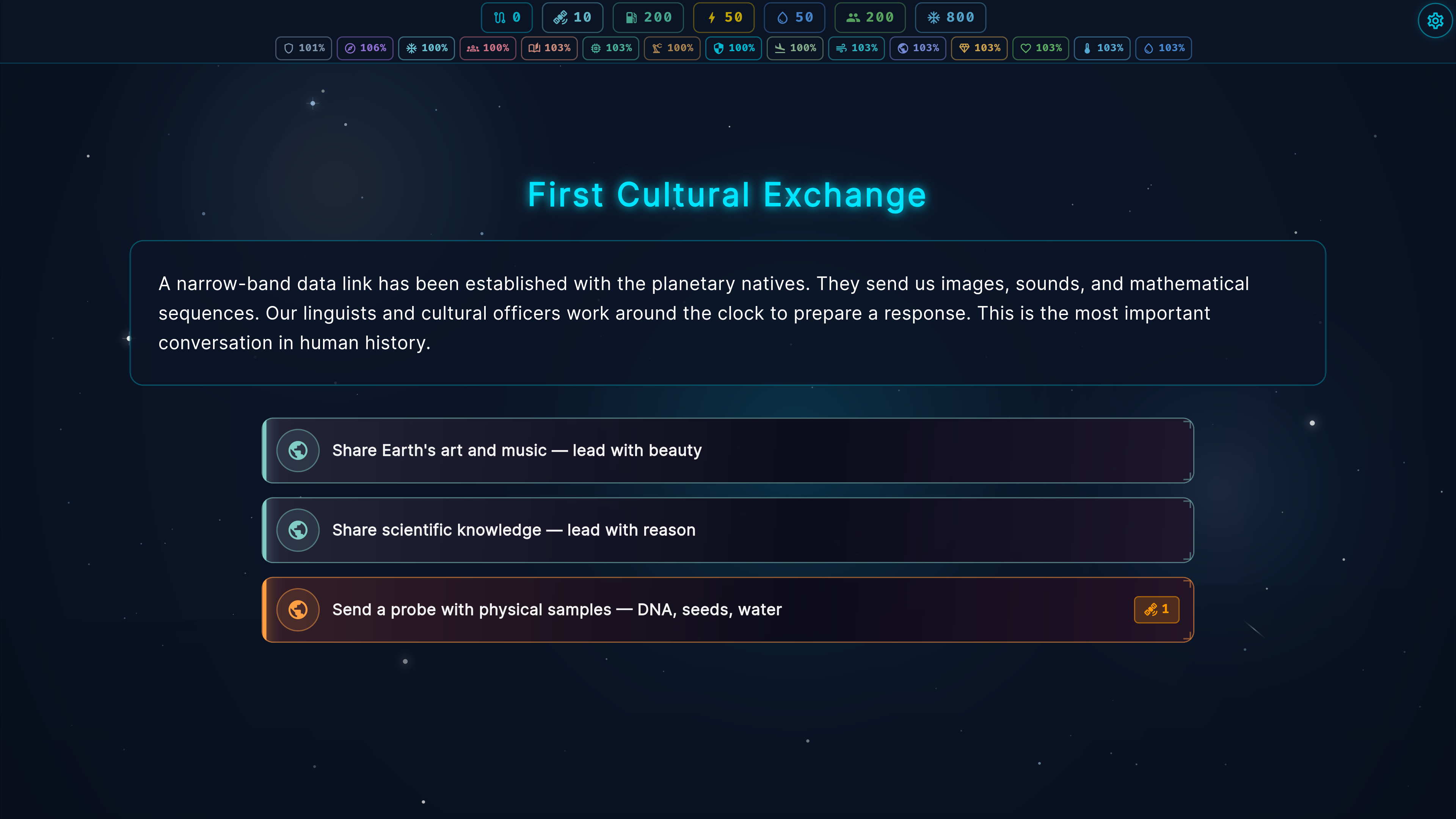 A first-contact narrative encounter in Stellar Broadcast