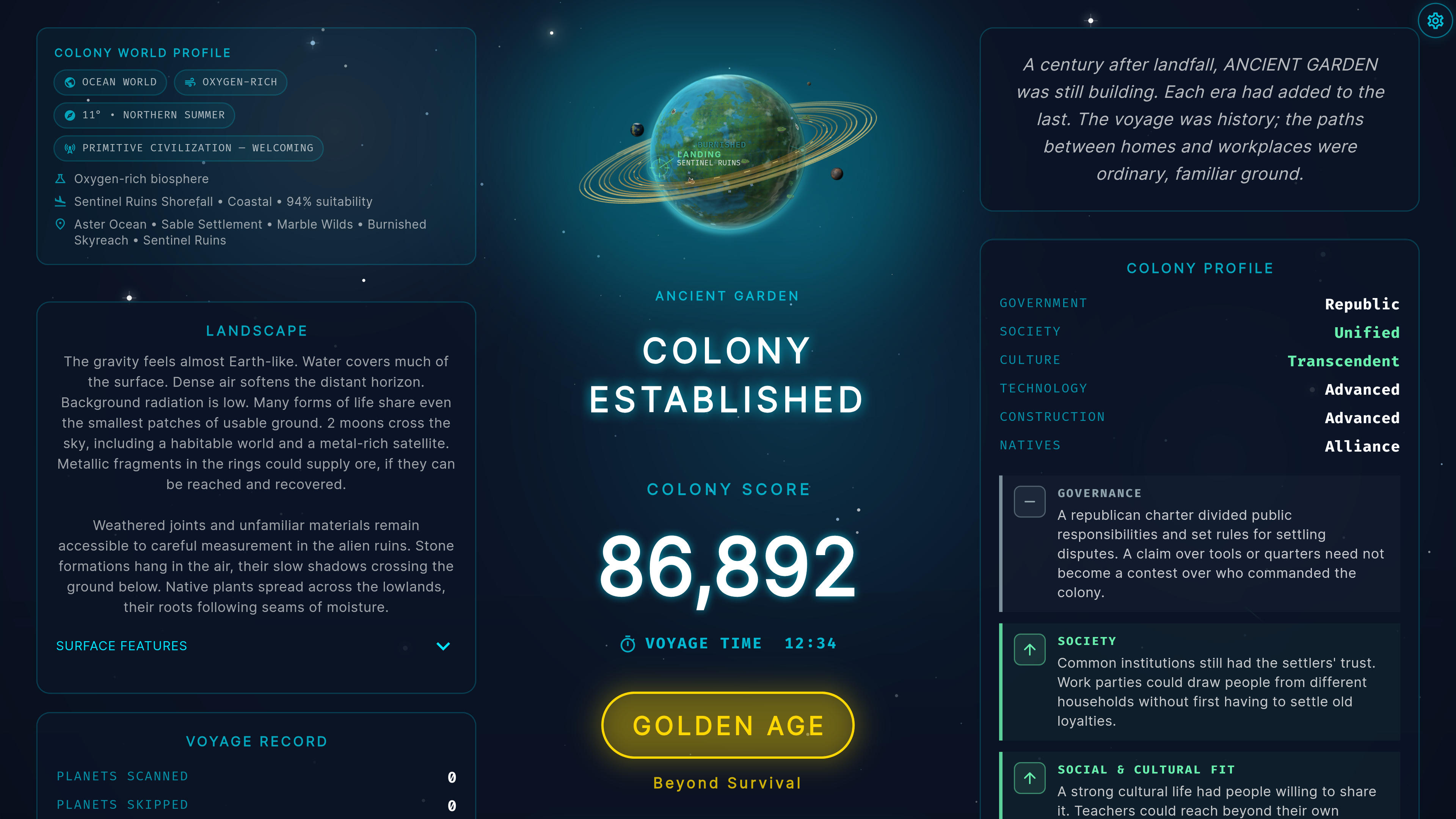 A Golden Age colony report with its landscape, society, score, and voyage time